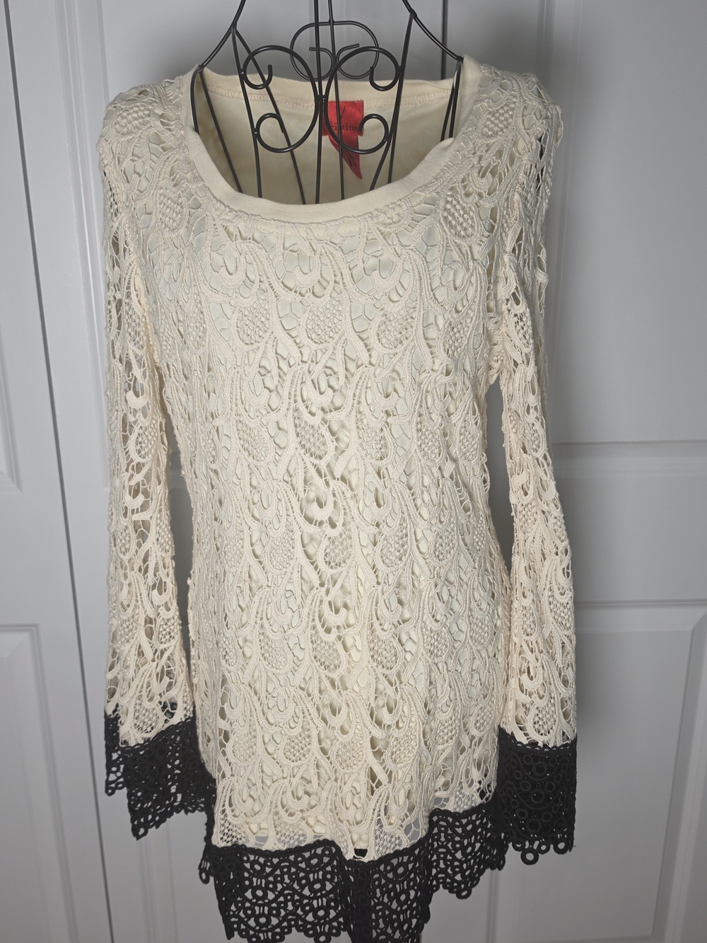 Cristina Crochet Lace Tunic Top Cream Black Boho Romantic Size L